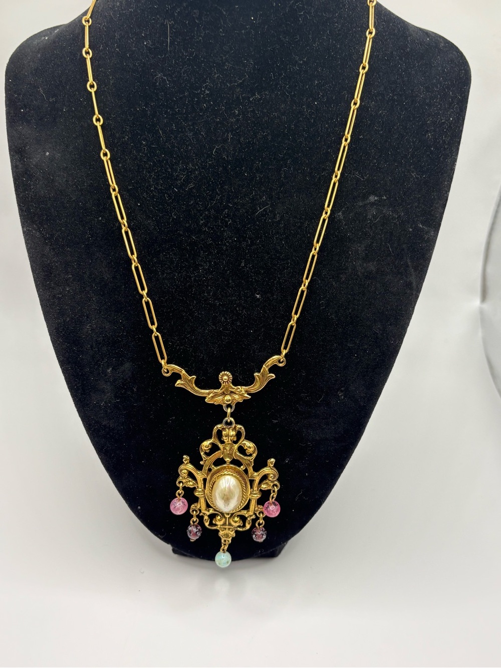 Vintage Goldette Renaissance Revival Pearl Drop Necklace Signed 60s